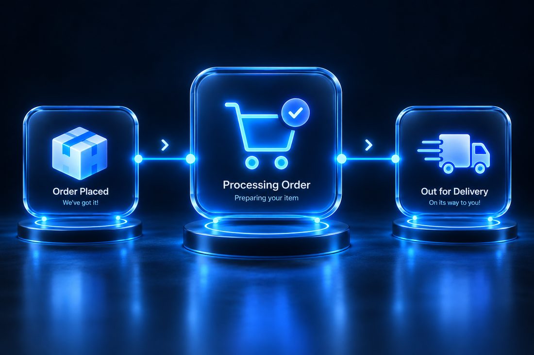 Illustration of an e-commerce order-to-fulfillment automation flow